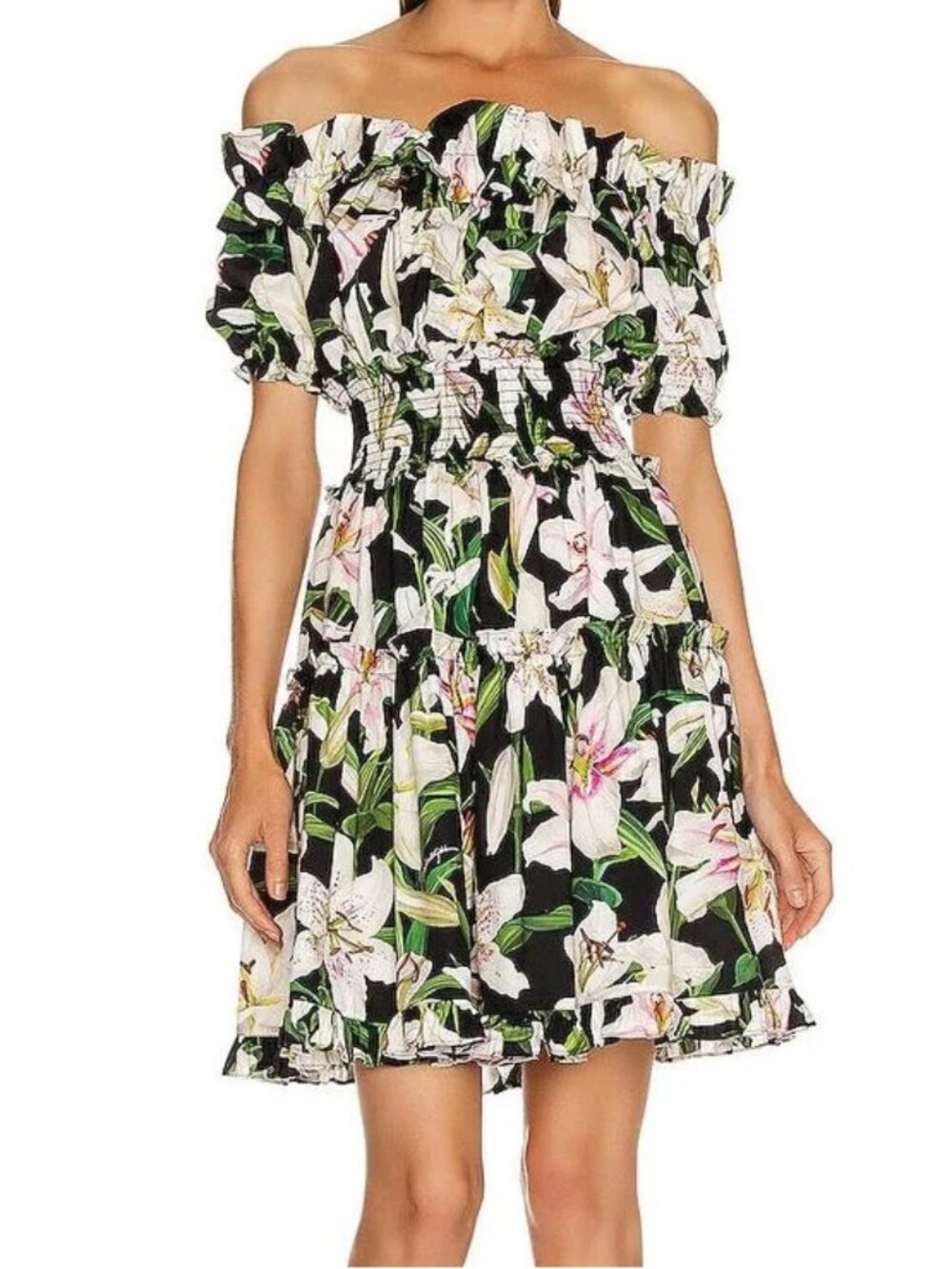 Dolce & Gabbana Lily Black White Floral Mini Dress Off The Shoulder Ruffle IT 38